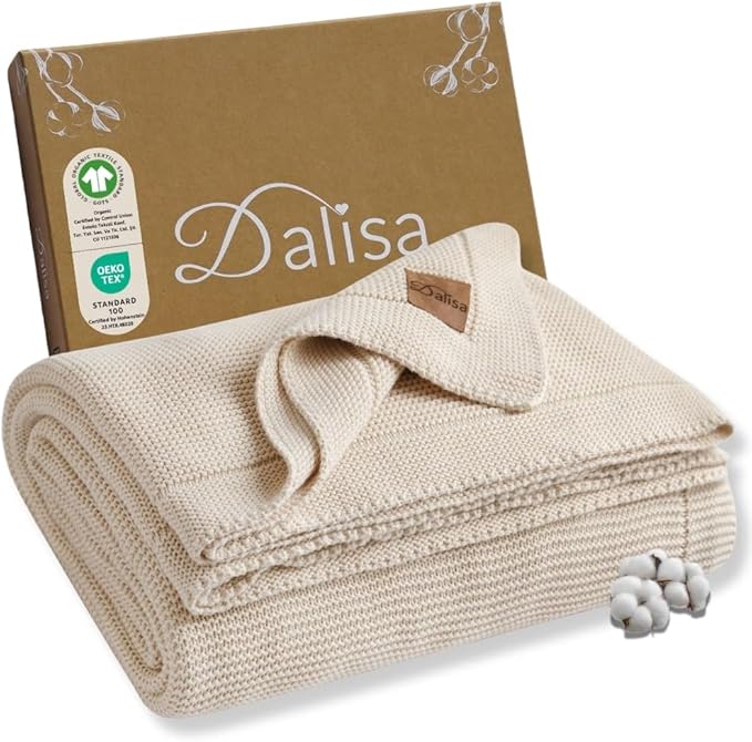 100% Organic Turkish Cotton Throw Blanket - GOTS Certified, Cozy - Perfect for Couch, Bed, and Home Decor - Boho Vintage Knit Alina (Beige, 50x60)