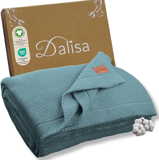 100% Organic Turkish Cotton Throw Blanket - GOTS Certified, Cozy - Perfect for Couch, Bed, and Home Decor - Boho Vintage Knit Alina (Smoke Blue, 50x60)
