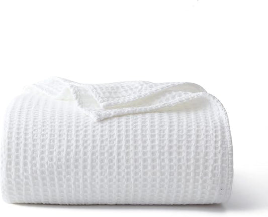 100% Cotton Waffle Blanket (White - Twin Size - 66 * 90''), Pre-Washed and Anti-Shrinkage Soft Lightweight Bed & Couch Blanket, 380 GSM Waffle Weave Throw Blanket for All Seasons