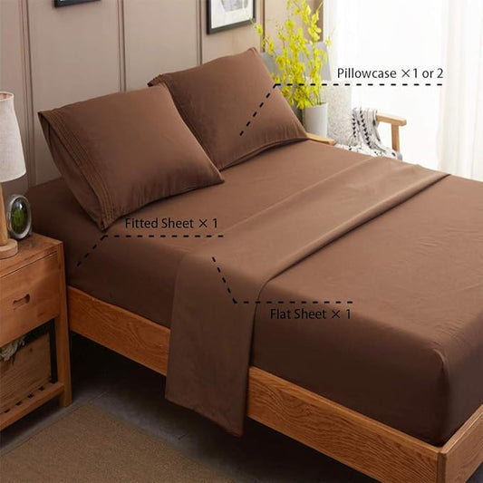 SONORO KATE Bed Sheet Set Super Soft Microfiber 1800 Thread Count Luxury Egyptian Sheets 16-Inch Deep Pocket Wrinkle and Hypoallergenic-4 Piece(King Brown)
