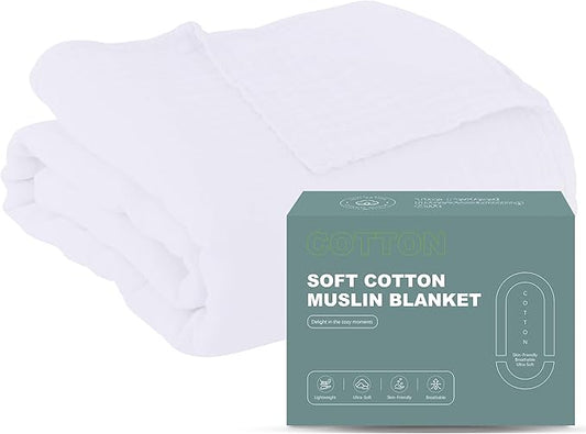 Cosy Family 100% Cotton Muslin Bed Blanket - Breathable & Lightweight, 55x80 Inches, White