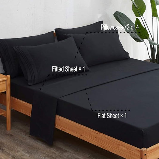 SONORO KATE Bed Sheet Set Super Soft Microfiber 1800 Thread Count Luxury Egyptian Sheets 18-Inch Deep Pocket，Wrinkle and Hypoallergenic-6 Piece (Black, California King-6 Piece)