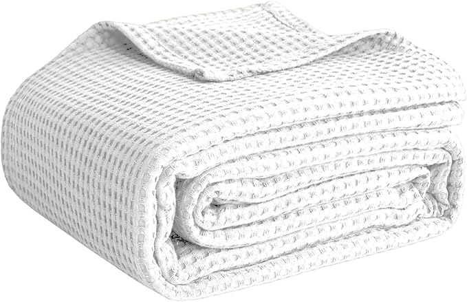 100% Cotton Blankets King Size for Bed - Waffle Weave Blankets for Summer, Lightweight and Breathable Soft Woven Blanket for Spring, White, King (90" x 108")