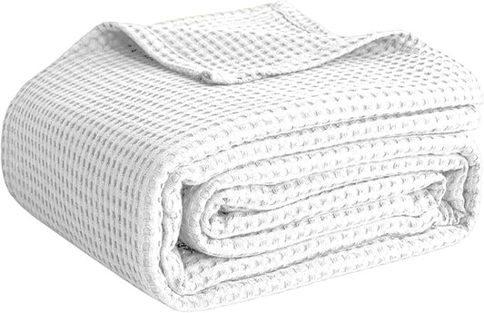 100% Cotton Blankets King Size for Bed - Waffle Weave Blankets for Summer, Lightweight and Breathable Soft Woven Blanket for Spring, White, King (90" x 108")