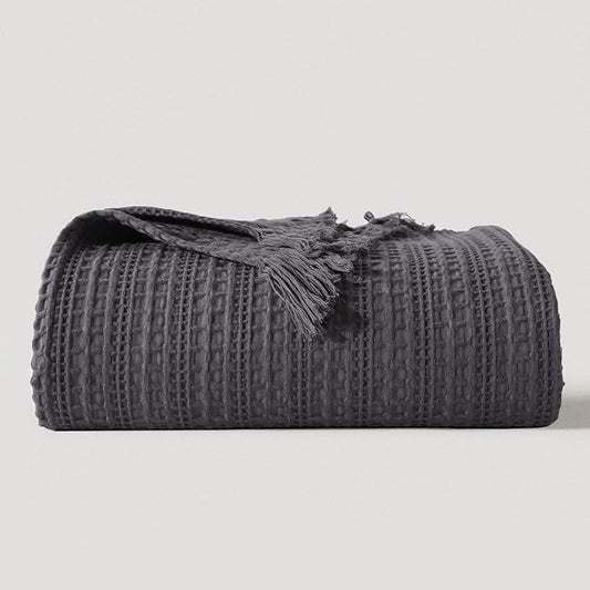 100% Cotton Waffle Blanket with Fringe, Pre-Washed Waffle Weave Blanket for All Season, Lightweight Breathable Soft Cozy Throw Blanket for Couch, Bed, Travel (Grey - 60x80 Inches)