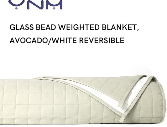 YnM Exclusive Weighted Blanket, Soothing Cotton/Polyester, Smallest Compartments, Bed Blanket for One Person of 140lbs, Ideal for Queen/King Bed (60x80 Inches, 15 Pounds, Avocado/White Reversible)