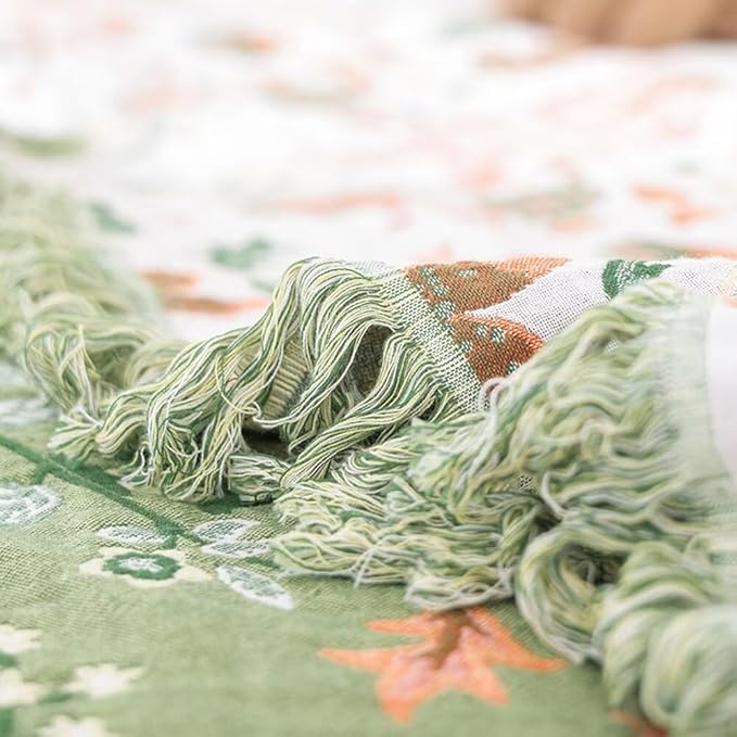 Green Boho Throw Blankets for Bed Couch, 100% Organic Cotton Breathable Woven Throw Blankets 80"x90", Versatile Boho Quilt for Travel Picnic,Home Decor Lightweight Farmhouse Muslin Blankets