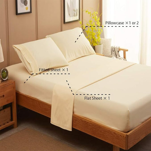 SONORO KATE Bed Sheet Set Super Soft Microfiber 1800 Thread Count Luxury Egyptian Sheets 18-Inch Deep Pocket Wrinkle and Hypoallergenic-4 Piece(King Ivory)