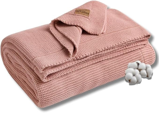100% Organic Turkish Cotton Throw Blanket - GOTS Certified, Cozy - Perfect for Couch, Bed, and Home Decor - Boho Vintage Knit Alina (Pink, 80x90)