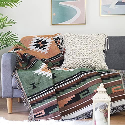 Luxlovery Bohemian Sofa Throw Blankets Ethnic Woven Boho Green and Orange Multicolor Throw Blanket for Couch Bed Throws Chair Sofa Cover with Tassels(63"x86")