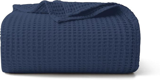 100% Cotton Waffle Blanket, Pre-Washed and Anti-Shrinkage Soft Lightweight Bed & Couch Blanket, 380 GSM Waffle Weave Throw Blanket for All Seasons(Navy Blue - Twin Size - 66" * 90")