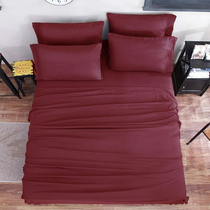 SONORO KATE Bed Sheet Set Super Soft Microfiber 1800 Thread Count Luxury Egyptian Sheets 18-Inch Deep Pocket，Wrinkle and Hypoallergenic-6 Piece (Burgundy, Twin XL-6 Piece)