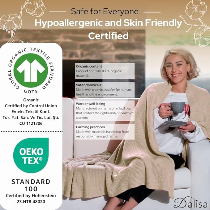 100% Organic Turkish Cotton Throw Blanket - GOTS Certified, Cozy - Perfect for Couch, Bed, and Home Decor - Boho Vintage Knit Alina (Earth Ivory, 60x80)
