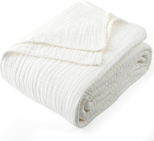 Carriediosa 100% Cotton Muslin Throw Blanket 108" X 90" King Size，4-Layers Summer Gauze Throws for Bed Couch，Soft Lightweight Breathable Linen Blankets Bedspread for Adults All Season，White