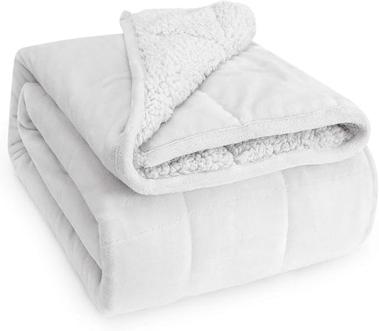 Wemore Sherpa Fleece Weighted Blanket for Adult, 15 lbs Dual Sided Cozy Fluffy Heavy Blanket, Ultra Fuzzy Throw Blanket with Soft Plush Flannel Top, 60 x 80 inches Queen Size White on Both Sides