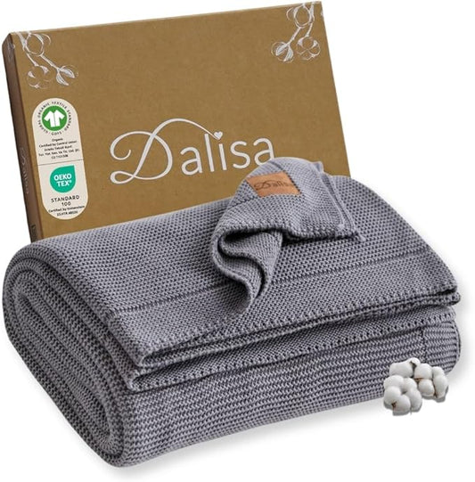 100% Organic Turkish Cotton Throw Blanket - GOTS Certified, Cozy - Perfect for Couch, Bed, and Home Decor - Boho Vintage Knit Alina (Dark Grey, 60x80)