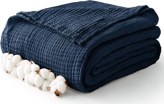 100% Cotton Muslin Blankets Twin XL 66" x 90", 6 Layers Breathable and Lightweight Twin Blanket for Bed, Soft Boho Coverlet Bedspread, Gauze Bedding for All Season, Navy