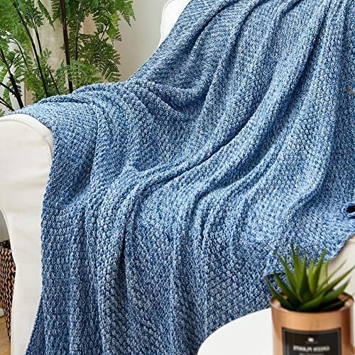 Longhui bedding Blue Knitted Throw Blanket for Couch, Soft, Cozy Machine Washable 100% Cotton Sofa Knit Blankets, 60 x 80 Inches Oversized, Blue and White Color, Laundry Bag Included