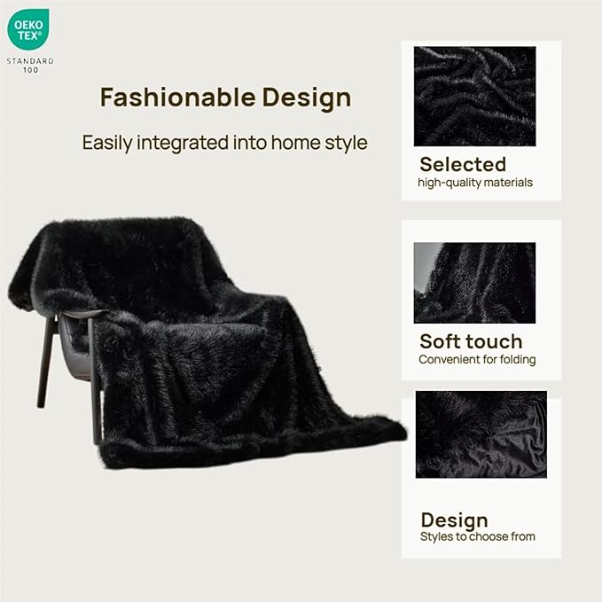 Luxury Fluffy Faux Fur Throw Blanket,Thick Fluffy Fuzzy Cozy Blanket,Plush Blankets for Couch, Sofa, Chair, Bed-Black,50x60