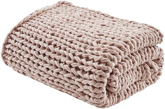 Madison Park Boho Throw Blanket, Soft Handmade Gift Home Decor, Lightweight & Breathable All Seasons Chunky Knit Throw, 50"x60" Blush