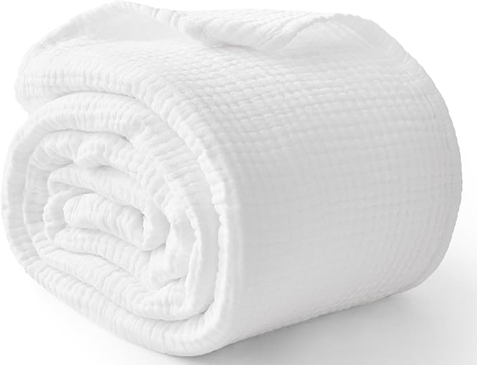 100% Cotton Muslin Blanket Queen 90" x 90", 6 Layers Breathable and Lightweight Cotton Throw Blanket for Bed, Soft Quilt Bedspread Coverlet, Gauze Blanket for Adults All Season, White