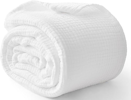 100% Cotton Muslin Blanket Queen 90" x 90", 6 Layers Breathable and Lightweight Cotton Throw Blanket for Bed, Soft Quilt Bedspread Coverlet, Gauze Blanket for Adults All Season, White