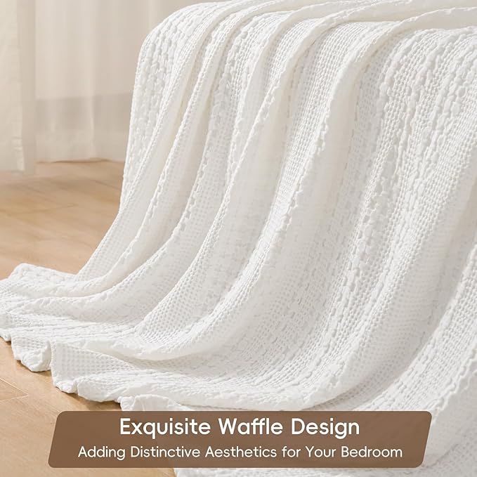 PHF 100% Cotton Waffle Weave Blanket Twin Size, Soft Lightweight Breathable Cozy Summer Blankets for Bed, Luxury Aesthetic Woven Bedding for Home Decor, 66"x90", White
