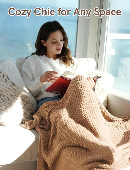 Chunky Cotton Knit Throw Blanket, Light Weight Cable Knit Throws for Bed Couch Sofa, Comfy & Relaxing, Decorative Piece for Farmhouse Modern Rustic Scandinavian Chic Vibe, Beige 60x80 Inches