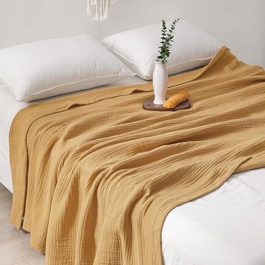 PHF 100% Cotton Muslin Blanket King Size 108" x 90", 4-Layer Lightweight and Breathable Blanket for Summer, Luxuriously Soft Gauze Bedding for Bed, Natural Minimalism Style, Ideal Gift, Honey Yellow