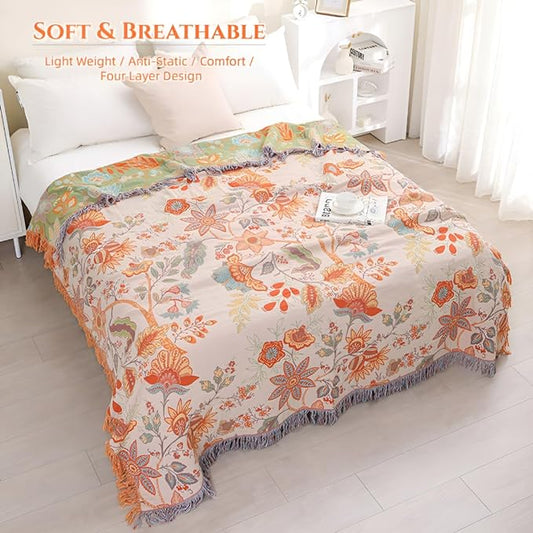 Fall Boho Throw Blankets for Bed Couch, 100% Soft Cozy Cotton Blanket Rustic Quilt 90"x98",Lightweight Cotton Throw Blanket Reversible Muslin Farmhouse Blankets for Armchair,Picnic,Sofa,Couch