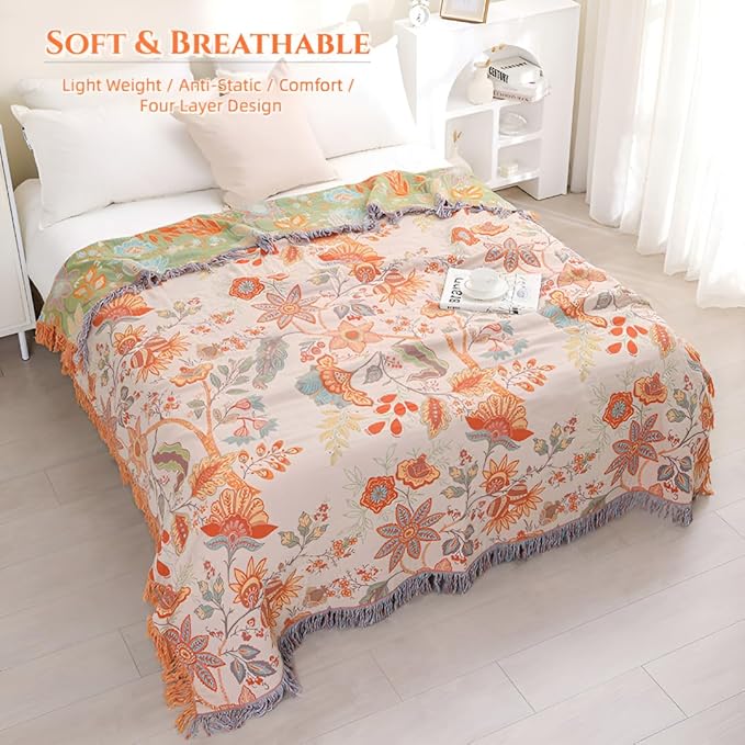 Fall Boho Throw Blankets for Bed Couch, 100% Soft Cozy Cotton Blanket Rustic Quilt 60"x80",Lightweight Reversible Muslin Farmhouse Decor Blankets for Armchair,Picnic,Sofa,Couch