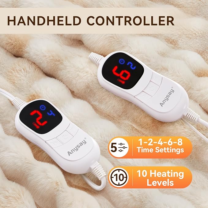 Heated Blanket Throw with 1/2/4/6/8 Hours Auto-Off 10 Heat Level, 90'' * 100'' Cozy Faux Rabbit Fur Bubble Electric Blanket with Overheat Protection(Beige)