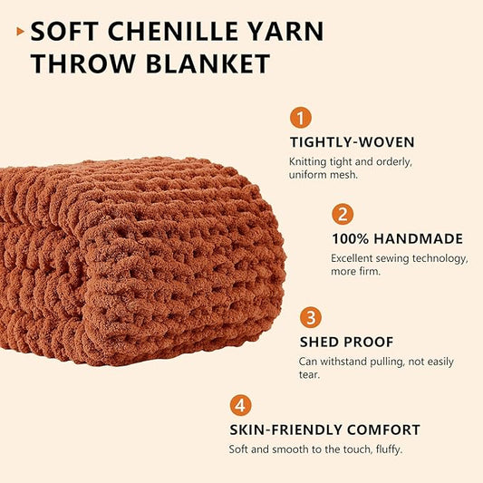 L'AGRATY Chunky Knit Blanket Throw: 60''x80'' Chenille Chunky Knitted Throw Blanket for Bed Couch - Handmade Thick Big Cable Knit Blanket - Large Crochet Rope Blanket for Home Decor(Rusty Orange)