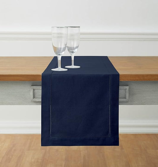 Solino Home Navy Hemstitch Table Runner 36 Inches - Cotton Linen Small Table Runner 14 x 36 Inch Ideal for Dresser and Coffee Tables - Summer, Fall, Autumn, Halloween