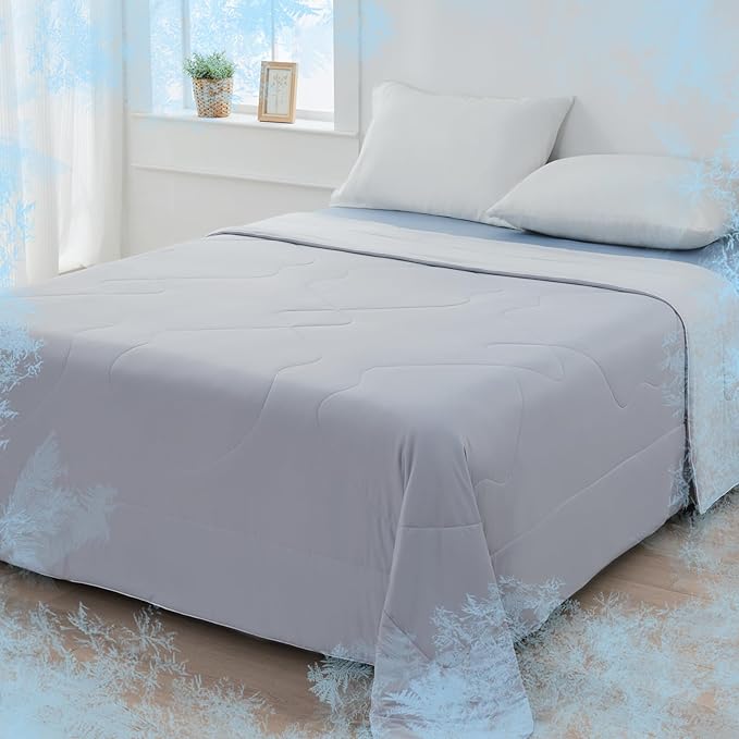 EMME Cooling Comforter Queen Size, Double-Sided Cooling Blanket for Hot Sleepers, Q-Max>0.45 Breathable Summer Quilt for Night Sweater, Cold Touch Lightweight Duvet Insert (Grey,90 x 90)