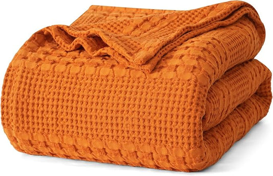 PHF 100% Cotton Waffle Weave Blanket King Size, Soft Lightweight Breathable Cozy Summer Blankets for Bed, Luxury Aesthetic Woven Bedding for Home Decor, 108"x90", Marmalade