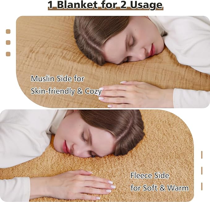 EMME Muslin Cotton Fleece Throw Blanket Reversible - 50"*60" Beige Soft Warm Throw Blankets for Couch Bed Picnic Travel Bed