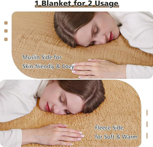 EMME Muslin Cotton Fleece Throw Blanket Reversible - 50"*60" Beige Soft Warm Throw Blankets for Couch Bed Picnic Travel Bed