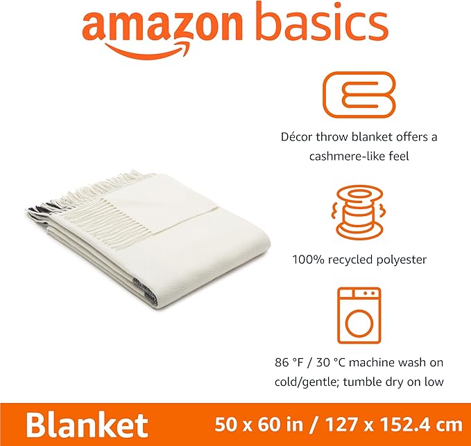 Amazon Basics Room Décor Throw Blanket, Lightweight and Cozy in Recycled Polyester, Ivory With Blue Cross-check Pattern, 50"x 60"