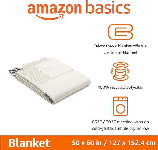 Amazon Basics Room Décor Throw Blanket, Lightweight and Cozy in Recycled Polyester, Ivory With Blue Cross-check Pattern, 50"x 60"