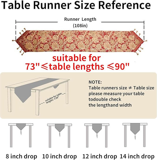 Luxury Vintage Table Runners 108 inches Long Embroidery Jacquard Fabric with Multi-Tassels Table Runners for Dining Room Dresser Wedding Christmas Thanksgiving Party Decorations (Red, 12X108inch)
