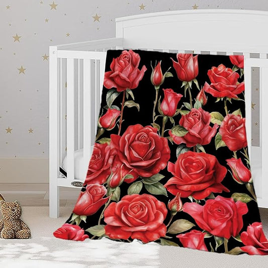 YeeJu Rose Baby Throw Blanket Small Red Floral Blanket for Toddler Swaddle Pet Crib Kids Soft Fuzzy Plush Fleece Blankets Black Spring Summer Flower Decorative Gift Blanket 30x40