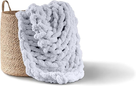 Adyrescia Chunky Knit Blanket Throw | 100% Hand Knit with Jumbo Chenille Yarn (40"x50", Light Gray)
