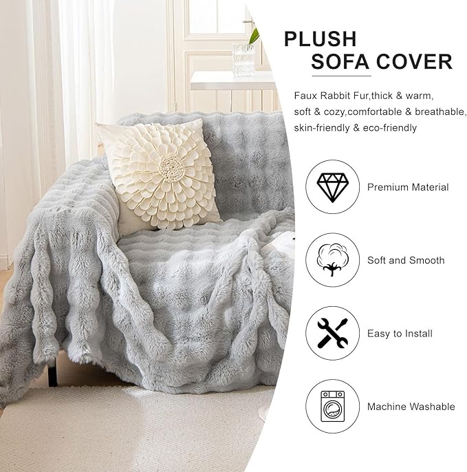 AMWAN Ultra Soft Fuzzy Faux Rabbit Fur Couch Cover for Sofa,Bed Long Shaggy Thick Warm Fluffy Sofa Slipcover for Dogs,Cats,Kids,Decorative Gray Cozy Plush Cute Bubble Furry Blanket Grey,71x118’’
