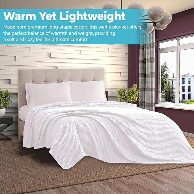 100% Cotton Blankets Throw Size for Bed - Waffle Weave Blankets for Summer, Lightweight and Breathable Soft Woven Blanket for Spring (White, Throw (50" x 60")