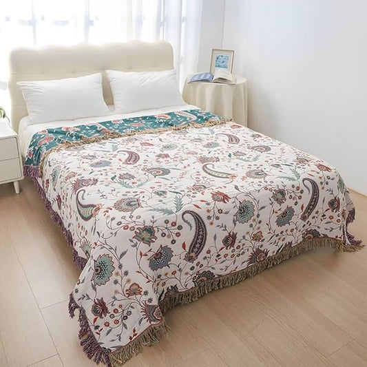 Summer Boho Throw Blanket 60"x80",100% Cozy Cotton Blankets for Travel, Picnic, Reversible Lightweight Knitted Farmhouse Cotton Muslin Blankets for Bedroom,Home Decor