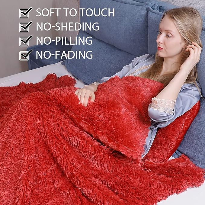 YUSOKI Twin Size Faux Fur Throw Winter Blanket,2 Layers,(Red,60" x 80"),Whithout Pillows,Plush Fuzzy Soft Cozy Comfy Bed Blanket for Women Kids Girls Couch Sofa