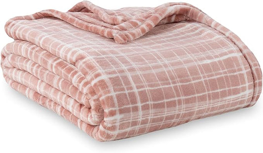 Berkshire Blanket-Classic Heavyweight Soft Printed VelvetLoft® Plush Throw Blanket, Cozy and Fuzzy, Watercolor Plaid Blush, 50in x 70in