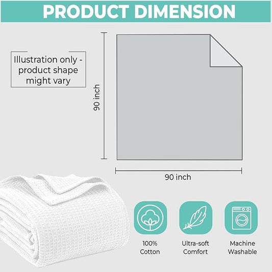 100% Cotton Blankets Queen Size for Bed - Waffle Weave Blankets for Summer, Lightweight and Breathable Soft Woven Blanket for Spring, (White, Queen (90" x 90"))