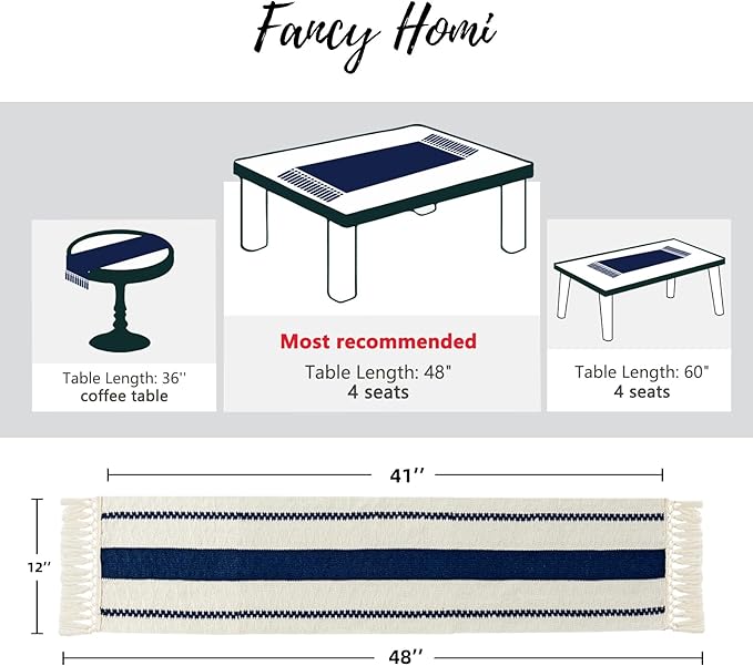 Fancy Homi Navy Blue Table Runner 48 Inches Long Boho Macrame Table Runner for Home Decor, Farmhouse Table Runners with Tassels for Party Bohemian Rustic Bridal Shower Dining Decor 12x48 Inches